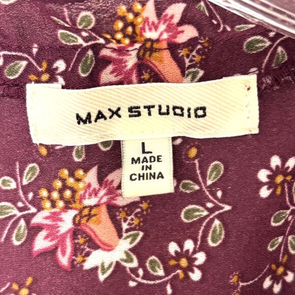 Max Studio Wms L Plum Floral Blouse Flutter Ruffle Sleeve Tie Neck Cottagecore - Picture 3 of 8
